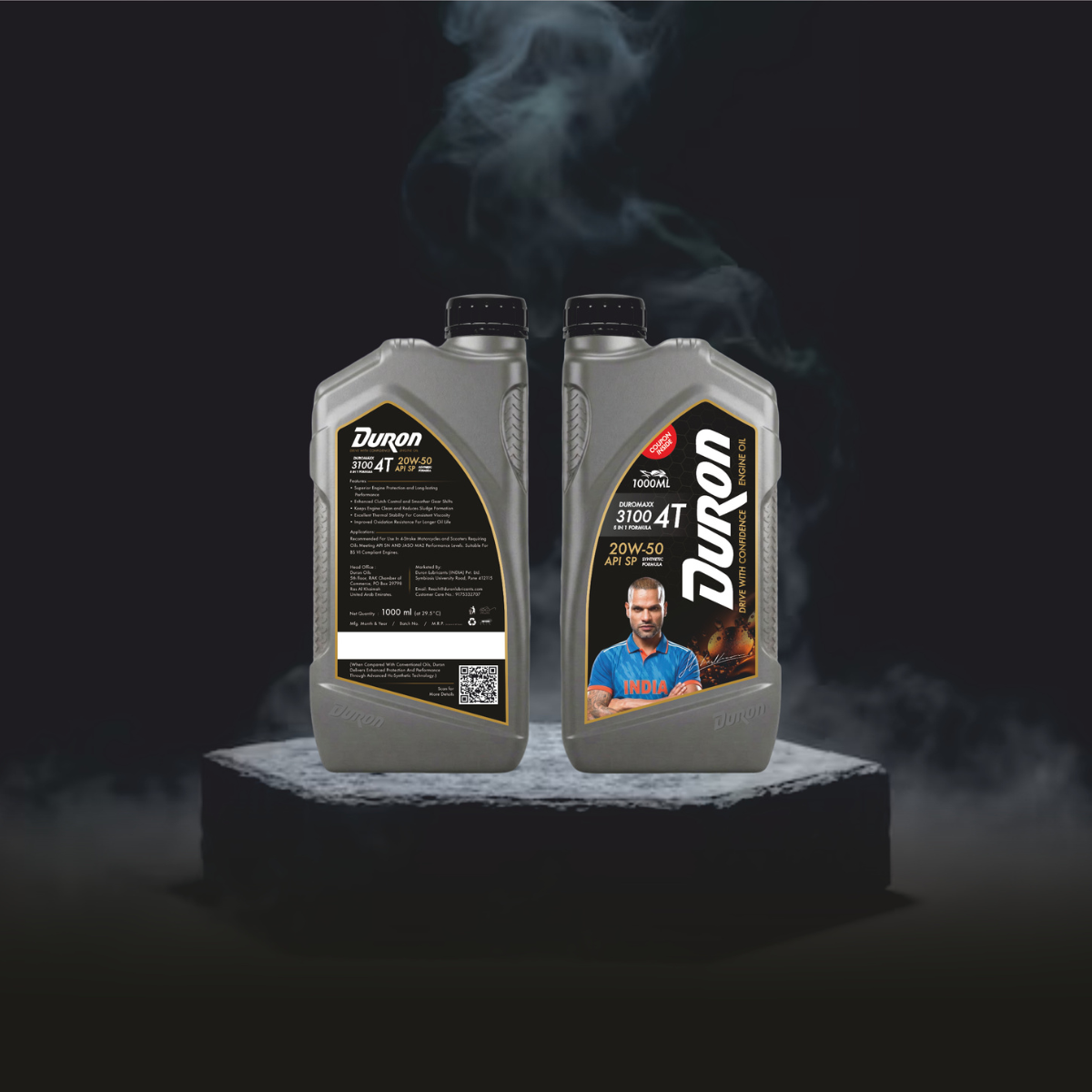 Duron DUROSYNTH 5100 4T 20W-50 fully synthetic motorcycle engine oil bottle, black-gold design.